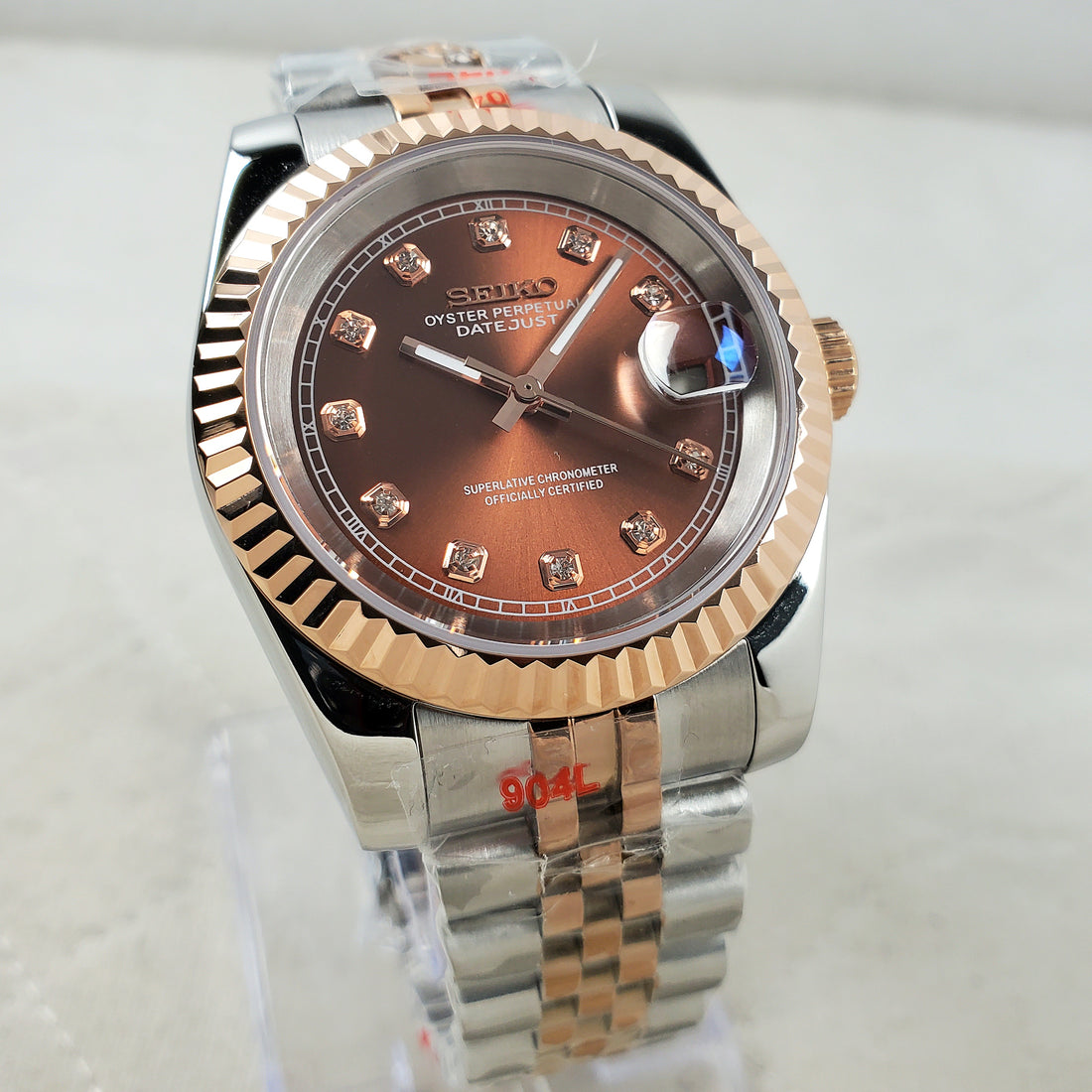CUSTOM SEIKO MOD DATE JUST DIAMOND TWO-TONE/BROWN AUTOMATIC NH35 MOVEMENT MEN'S WATCH