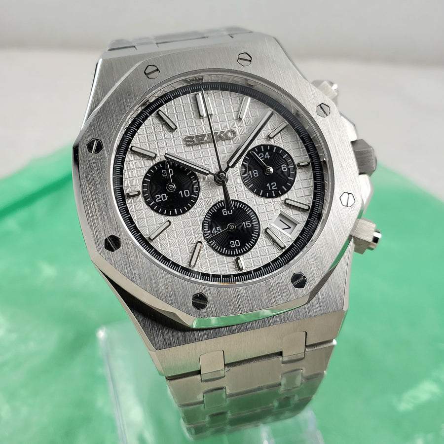 CUSTOM SEIKO MOD ROYAL OAK PANDA CHRONOGRAPH DATE VK63 QUARTZ MOVEMENT MEN'S WATCH