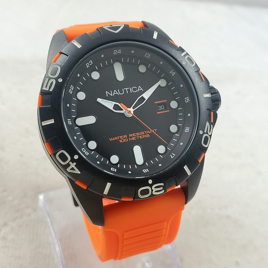 Nautica NSR A11620G Quartz WR 100M 24-HOUR Black/orange 44MM Men's Watch — Pre-Owned
