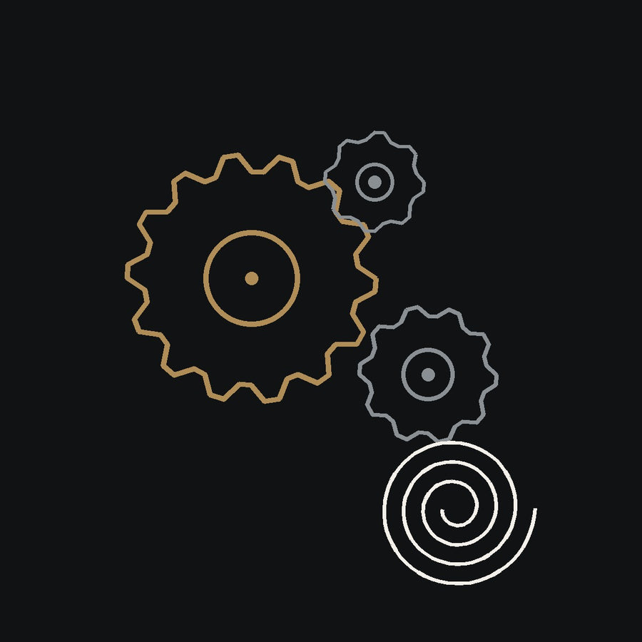 Line illustration of meshed movement gears and a balance spring