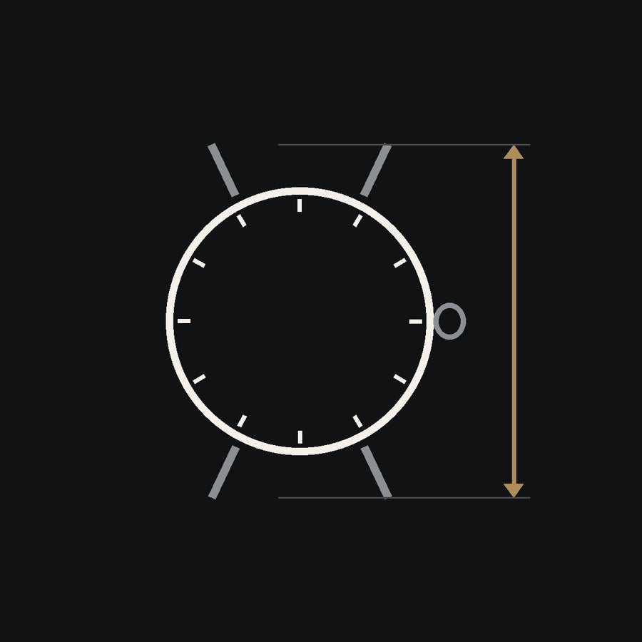 Line illustration of a watch case with a lug-to-lug measurement arrow